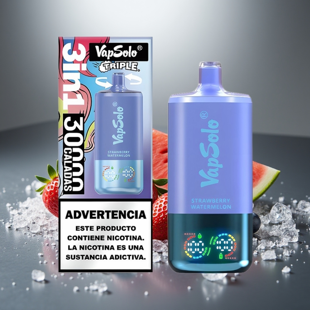 VapSolo Triple 30000 Puffs 40ml Jahoda Meloun & Borůvka Led