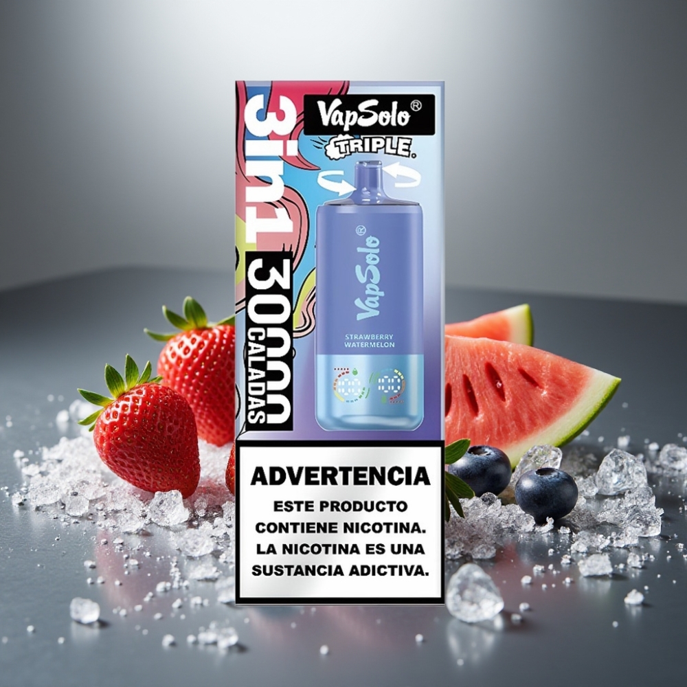 VapSolo Triple 30000 Puffs 40ml Jahoda Meloun & Borůvka Led