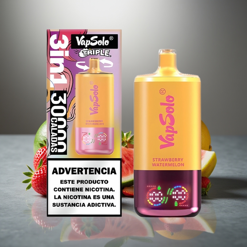 VapSolo Triple 30000 Puffs 40ml Jahoda Meloun & Citron Broskev