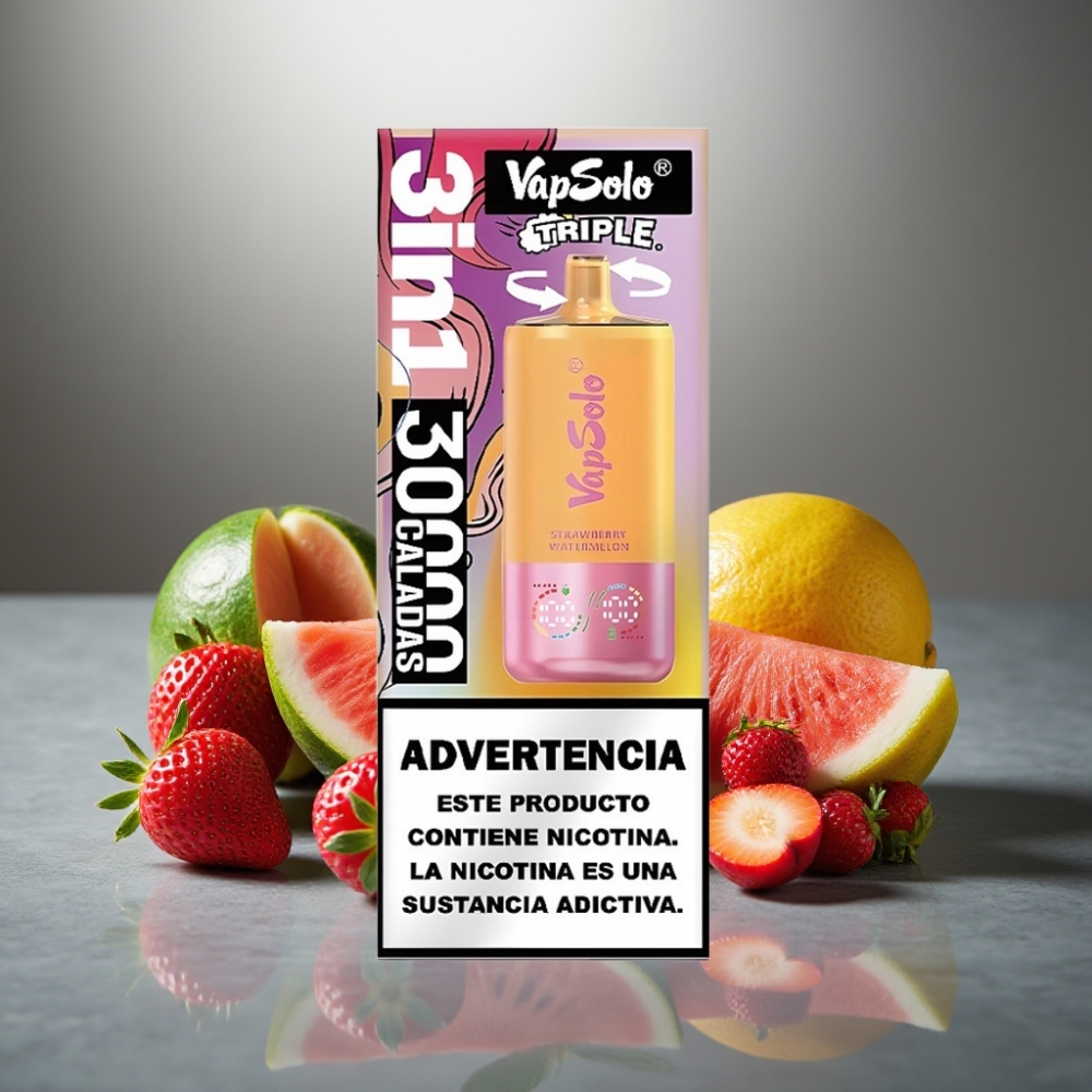 VapSolo Triple 30000 Puffs 40ml Jahoda Meloun & Citron Broskev